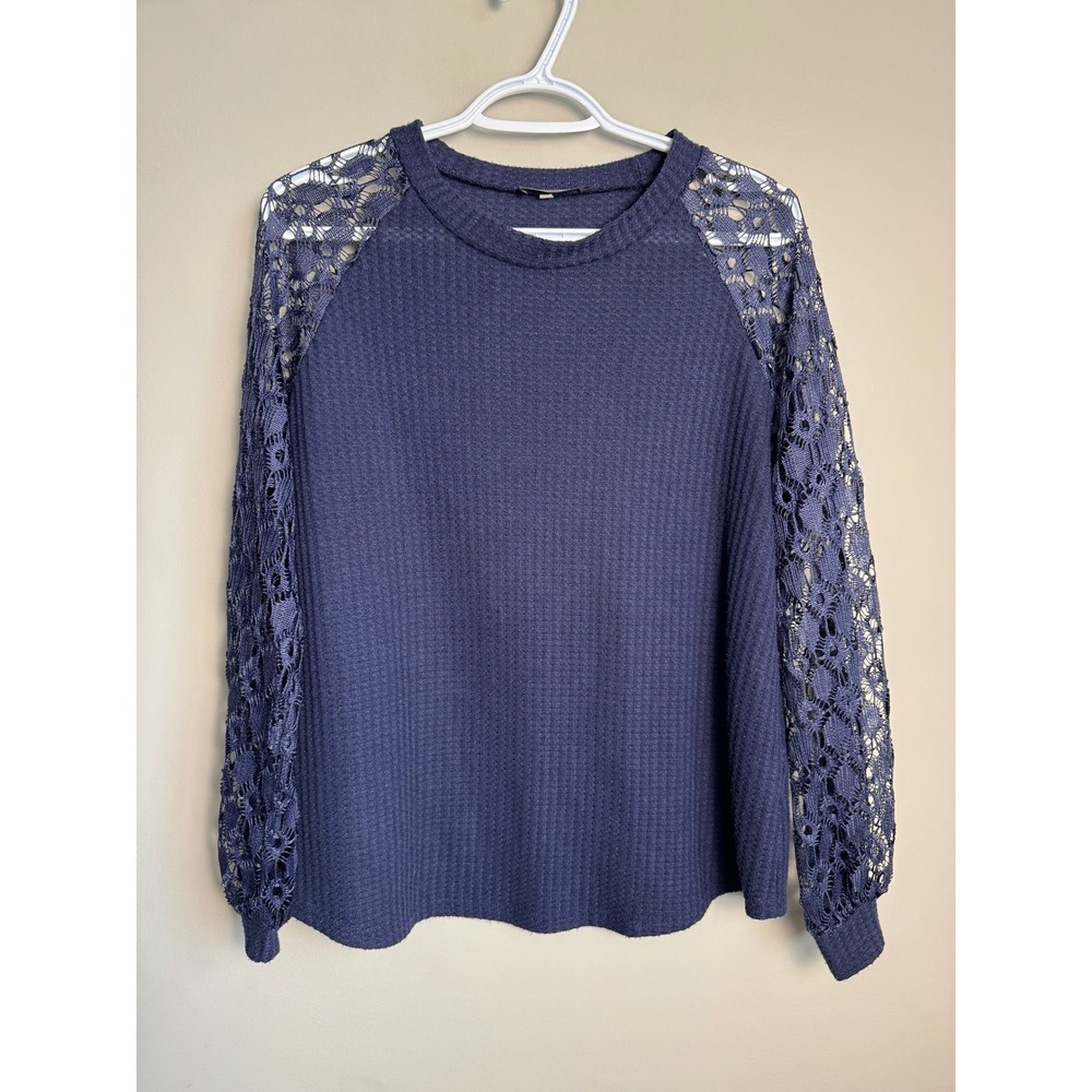 Coeur De Vague Waffle Knit Crochet Sleeve Top Womens M Boho Chic Casual Coastal